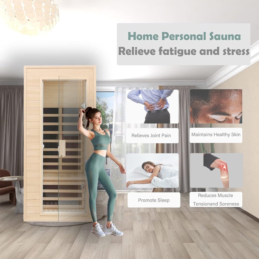 Thermora Premium 1-Person Indoor Low EMF FAR Infrared Heat Hemlock Wood Personal Home Spa Sauna, 1200W (SAK27463)