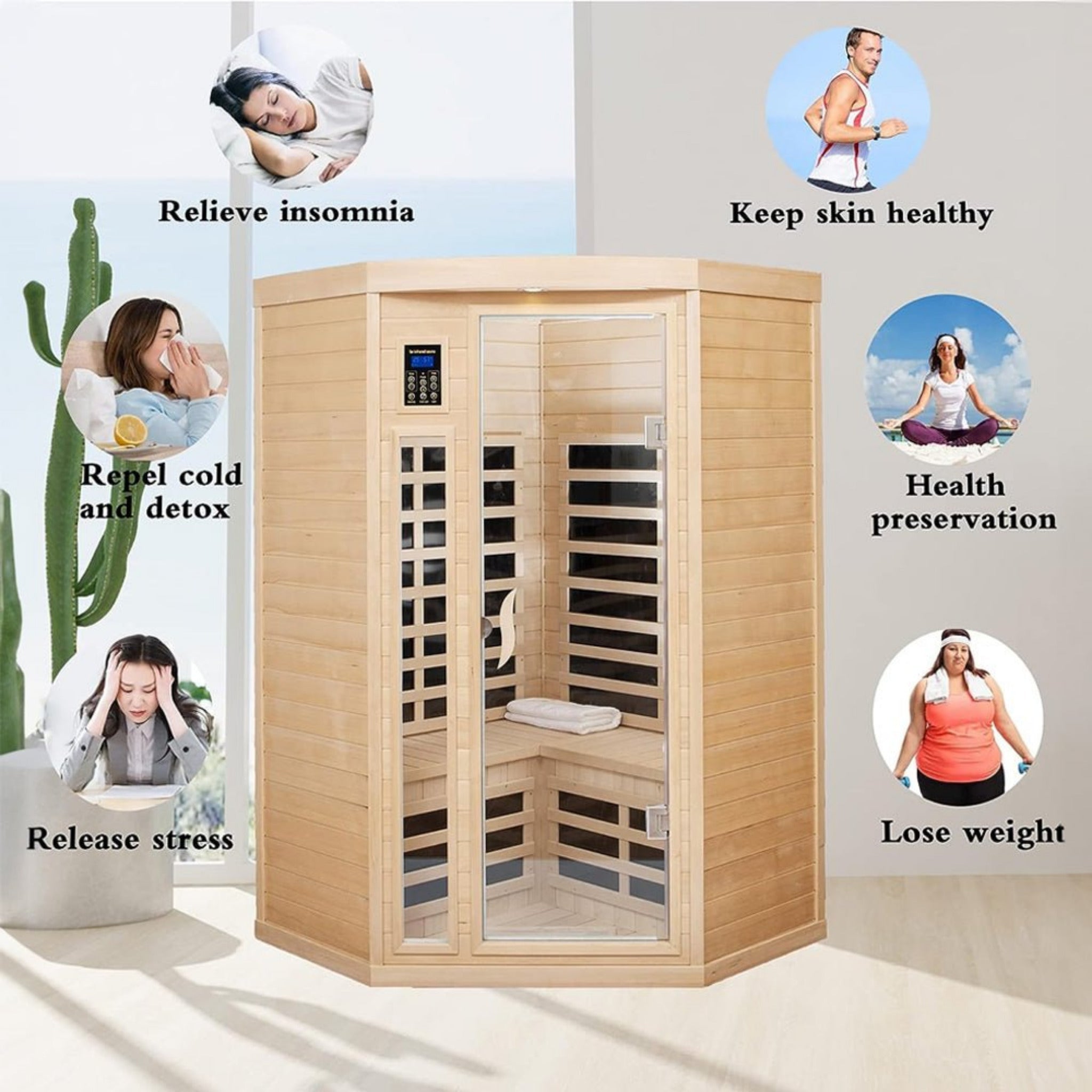 Thermora Premium 2-Person Corner Space Infrared Wooden Sauna Room With Bluetooth Speakers, 1600W (SAK81524)